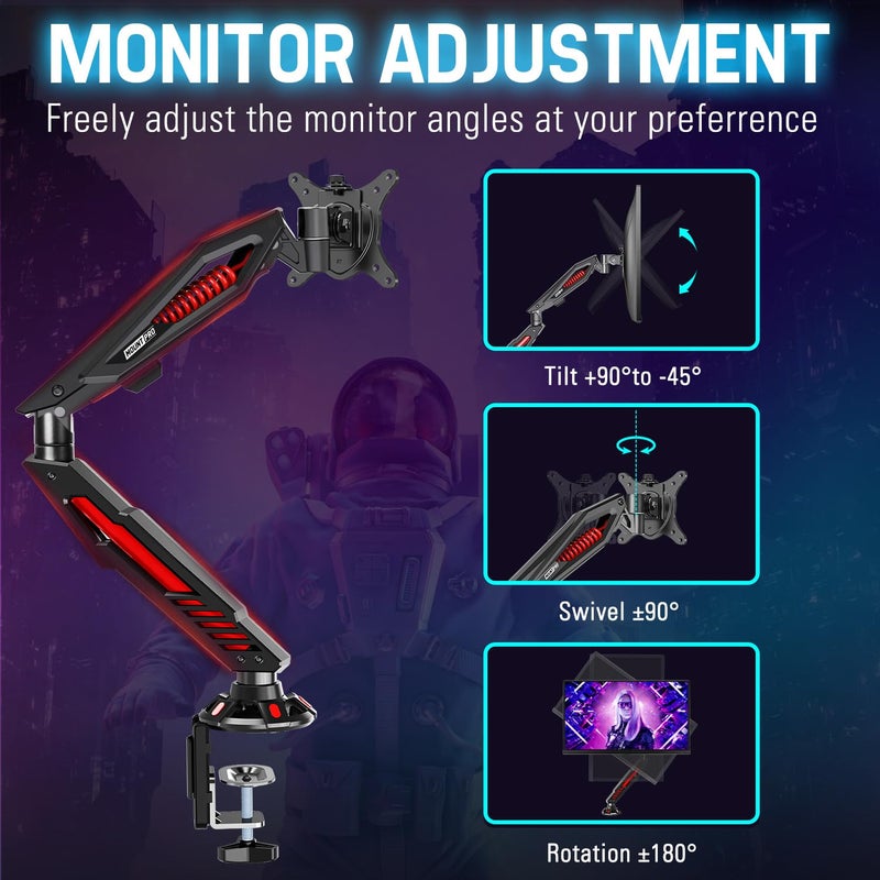 MOUNT PRO Single Gaming Monitor Stand - Mechanical Spring Display Mount, Adjustable Gaming Monitor Arm with C Clamp and Grommet Mounting Base - Fits for Computer Screen up to 32â€, VESA 75x75, 100x100 - Image 5